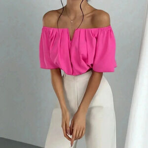 Hot Pink Casual Women's Off Shoulder V-Neckline Waisted Blouse